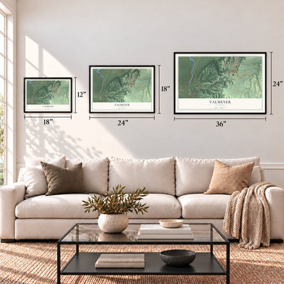 Valmeyer, Illinois map in 12 x 18, 18 x 24 and 24 x 36 inch sizes above a sofa