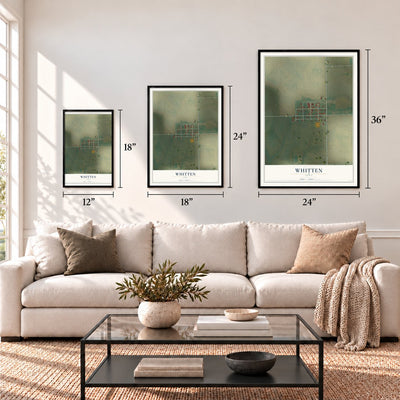 Whitten, Iowa map in 12 x 18, 18 x 24 and 24 x 36 inch sizes above a sofa