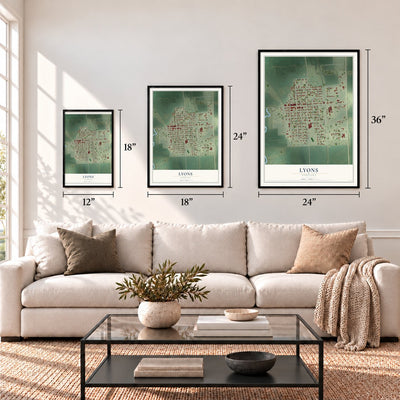 Lyons, Nebraska map in 12 x 18, 18 x 24 and 24 x 36 inch sizes above a sofa