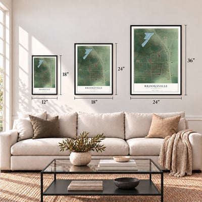 Brooksville, Mississippi map in 12 x 18, 18 x 24 and 24 x 36 inch sizes above a sofa