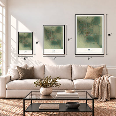 Rio, Illinois map in 12 x 18, 18 x 24 and 24 x 36 inch sizes above a sofa