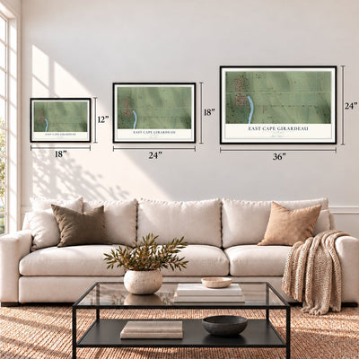 East Cape Girardeau, Illinois map in 12 x 18, 18 x 24 and 24 x 36 inch sizes above a sofa