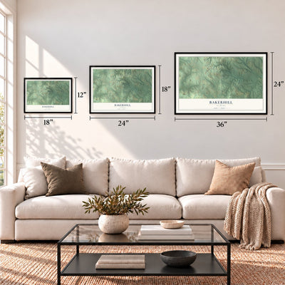 Bakerhill, Alabama map in 12 x 18, 18 x 24 and 24 x 36 inch sizes above a sofa