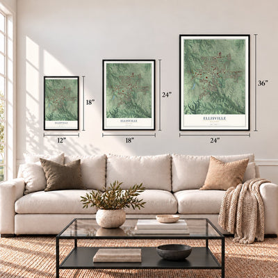 Ellisville, Missouri map in 12 x 18, 18 x 24 and 24 x 36 inch sizes above a sofa