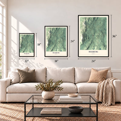 Irasburg, Vermont map in 12 x 18, 18 x 24 and 24 x 36 inch sizes above a sofa