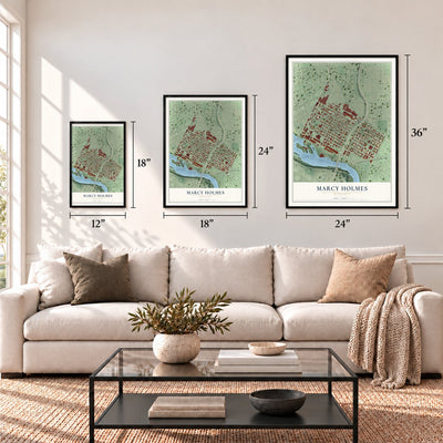 Marcy Holmes, Minnesota map in 12 x 18, 18 x 24 and 24 x 36 inch sizes above a sofa