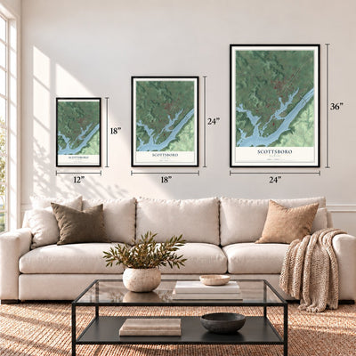 Scottsboro, Alabama map in 12 x 18, 18 x 24 and 24 x 36 inch sizes above a sofa