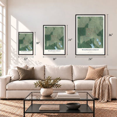 Wildwood Forest, Georgia map in 12 x 18, 18 x 24 and 24 x 36 inch sizes above a sofa