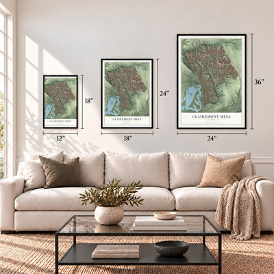Clairemont Mesa, California map in 12 x 18, 18 x 24 and 24 x 36 inch sizes above a sofa