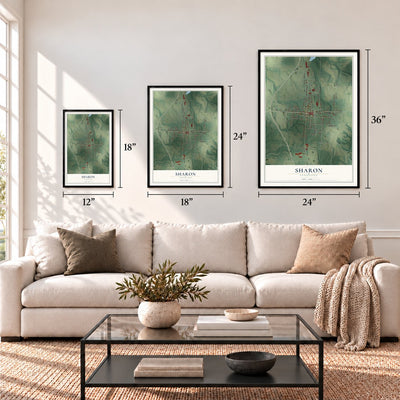 Sharon, Tennessee map in 12 x 18, 18 x 24 and 24 x 36 inch sizes above a sofa