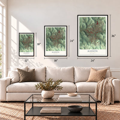 Jeannette, Pennsylvania map in 12 x 18, 18 x 24 and 24 x 36 inch sizes above a sofa