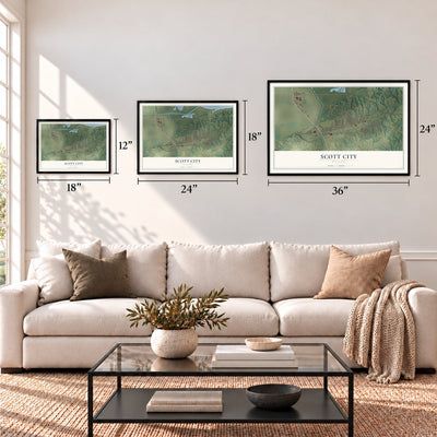 Scott City, Missouri map in 12 x 18, 18 x 24 and 24 x 36 inch sizes above a sofa
