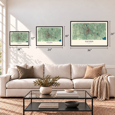Taunton, Massachusetts map in 12 x 18, 18 x 24 and 24 x 36 inch sizes above a sofa