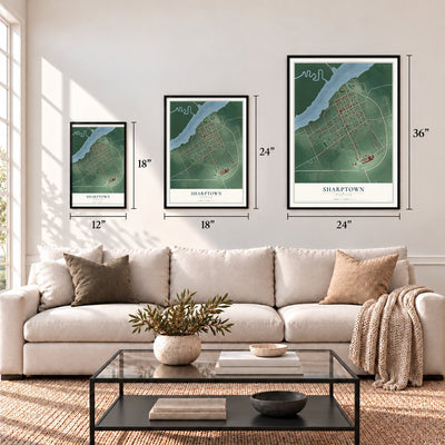 Sharptown, Maryland map in 12 x 18, 18 x 24 and 24 x 36 inch sizes above a sofa