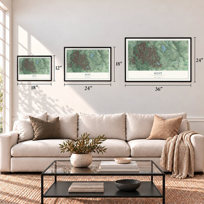 Kent, Washington map in 12 x 18, 18 x 24 and 24 x 36 inch sizes above a sofa