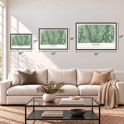 Beaver, Clarion County, Pennsylvania map in 12 x 18, 18 x 24 and 24 x 36 inch sizes above a sofa
