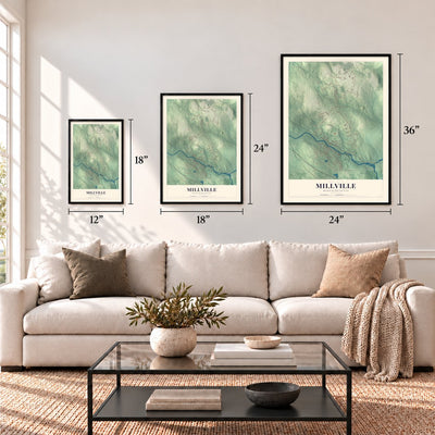 Millville, Massachusetts map in 12 x 18, 18 x 24 and 24 x 36 inch sizes above a sofa