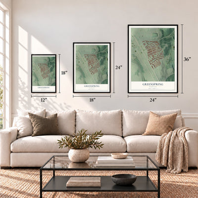 Greenspring, Maryland map in 12 x 18, 18 x 24 and 24 x 36 inch sizes above a sofa