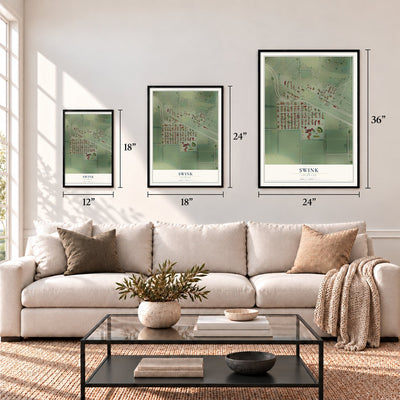 Swink, Colorado map in 12 x 18, 18 x 24 and 24 x 36 inch sizes above a sofa