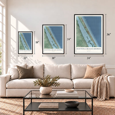 Daytona Beach Shores, Florida map in 12 x 18, 18 x 24 and 24 x 36 inch sizes above a sofa