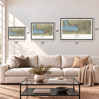Logan, New Mexico map in 12 x 18, 18 x 24 and 24 x 36 inch sizes above a sofa