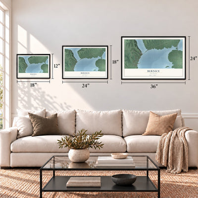 Bernice, Oklahoma map in 12 x 18, 18 x 24 and 24 x 36 inch sizes above a sofa