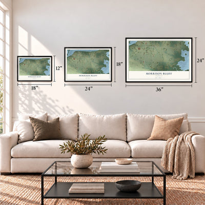 Morrison Bluff, Arkansas map in 12 x 18, 18 x 24 and 24 x 36 inch sizes above a sofa