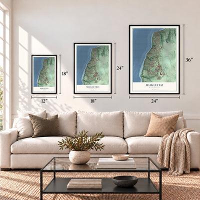 Mukilteo, Washington map in 12 x 18, 18 x 24 and 24 x 36 inch sizes above a sofa