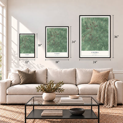 Calera, Alabama map in 12 x 18, 18 x 24 and 24 x 36 inch sizes above a sofa