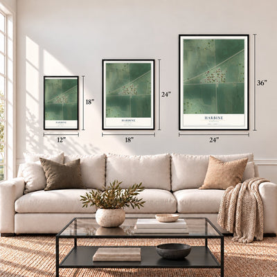 Harbine, Nebraska map in 12 x 18, 18 x 24 and 24 x 36 inch sizes above a sofa