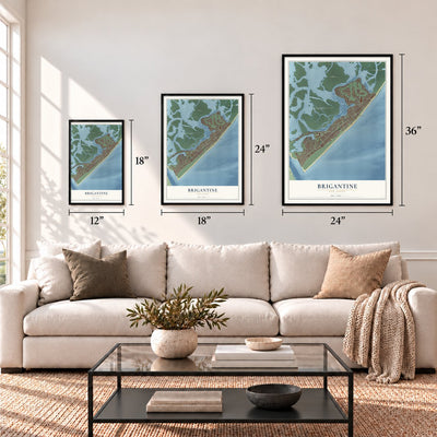 Brigantine, New Jersey map in 12 x 18, 18 x 24 and 24 x 36 inch sizes above a sofa
