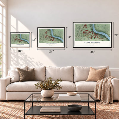 Cedar Riverside, Minnesota map in 12 x 18, 18 x 24 and 24 x 36 inch sizes above a sofa