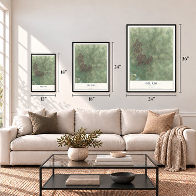 Del Rio, Texas map in 12 x 18, 18 x 24 and 24 x 36 inch sizes above a sofa