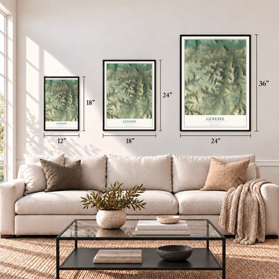 Genesee, Pennsylvania map in 12 x 18, 18 x 24 and 24 x 36 inch sizes above a sofa