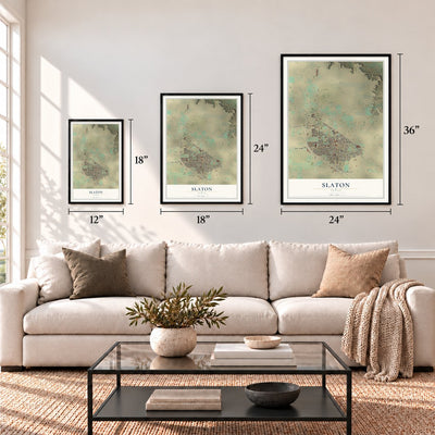 Slaton, Texas map in 12 x 18, 18 x 24 and 24 x 36 inch sizes above a sofa