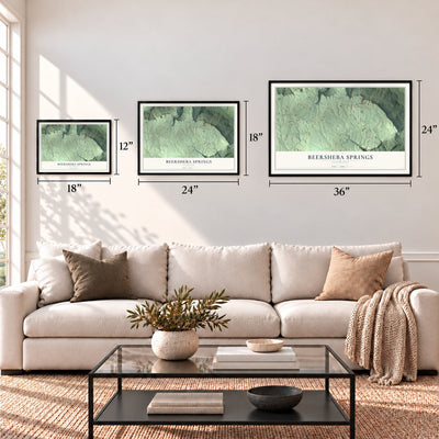 Beersheba Springs, Tennessee map in 12 x 18, 18 x 24 and 24 x 36 inch sizes above a sofa