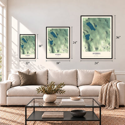 Averill, Vermont map in 12 x 18, 18 x 24 and 24 x 36 inch sizes above a sofa