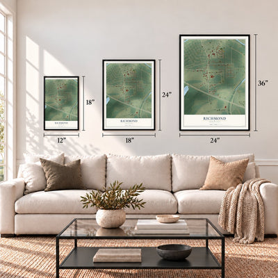 Richmond, Louisiana map in 12 x 18, 18 x 24 and 24 x 36 inch sizes above a sofa