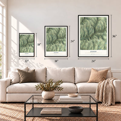 Jessup, Susquehanna County, Pennsylvania map in 12 x 18, 18 x 24 and 24 x 36 inch sizes above a sofa