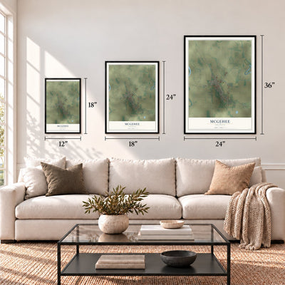 McGehee, Arkansas map in 12 x 18, 18 x 24 and 24 x 36 inch sizes above a sofa