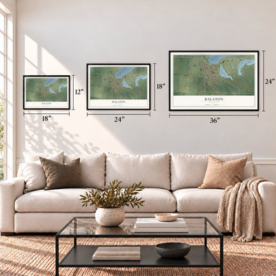 Balaton, Minnesota map in 12 x 18, 18 x 24 and 24 x 36 inch sizes above a sofa