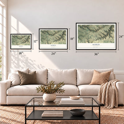 Hamlin, Pennsylvania map in 12 x 18, 18 x 24 and 24 x 36 inch sizes above a sofa