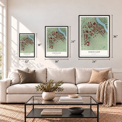 North Loop, Minnesota map in 12 x 18, 18 x 24 and 24 x 36 inch sizes above a sofa