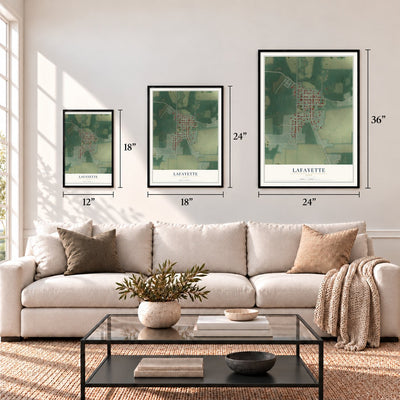 Lafayette, Ohio map in 12 x 18, 18 x 24 and 24 x 36 inch sizes above a sofa