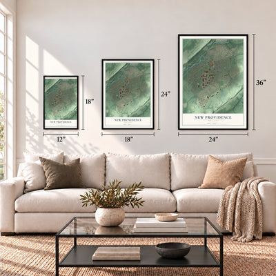 New Providence, New Jersey map in 12 x 18, 18 x 24 and 24 x 36 inch sizes above a sofa