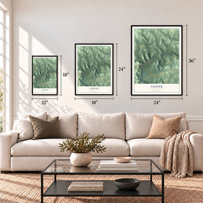 Clover, Pennsylvania map in 12 x 18, 18 x 24 and 24 x 36 inch sizes above a sofa
