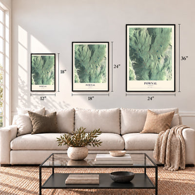 Pownal, Vermont map in 12 x 18, 18 x 24 and 24 x 36 inch sizes above a sofa