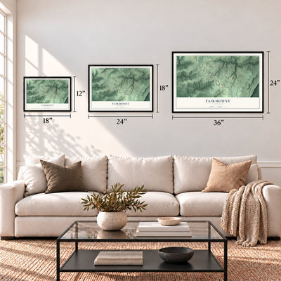 Fairmount, Tennessee map in 12 x 18, 18 x 24 and 24 x 36 inch sizes above a sofa