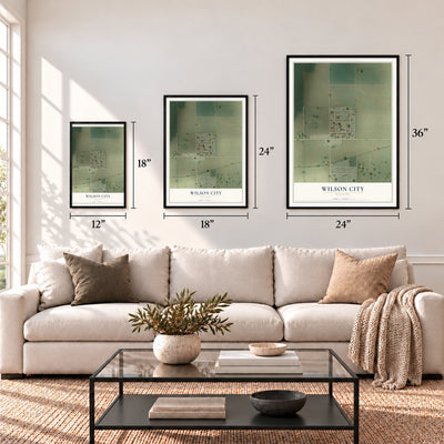 Wilson City, Missouri map in 12 x 18, 18 x 24 and 24 x 36 inch sizes above a sofa