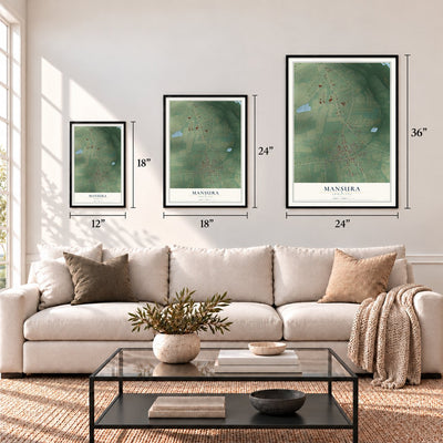 Mansura, Louisiana map in 12 x 18, 18 x 24 and 24 x 36 inch sizes above a sofa